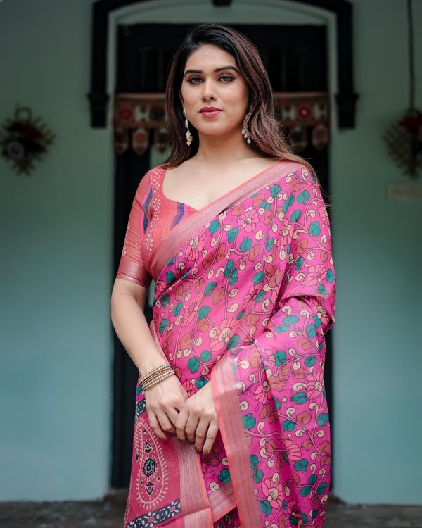 Pink Floral Printed Linen Cotton Saree Online