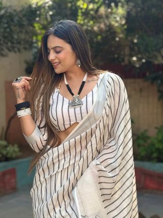 Off White Striped Linen Cotton Saree Online India