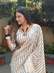 Off White Striped Linen Cotton Saree Online India - Off white
