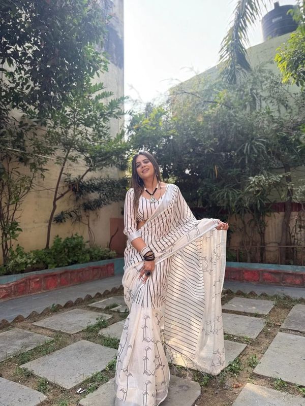 Off White Striped Linen Cotton Saree Online India