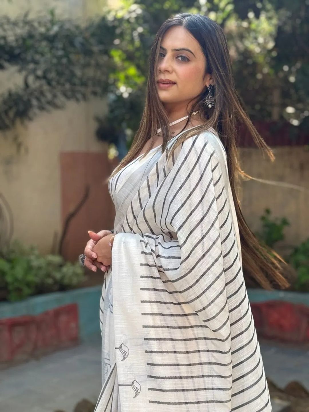 Off White Striped Linen Cotton Saree Online India