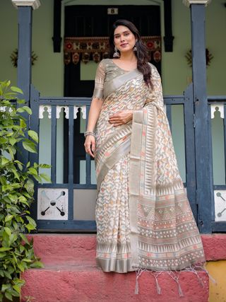 Off White Linen Cotton Printed Saree with Zari