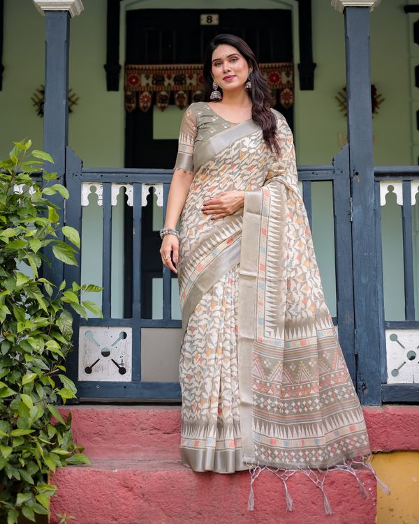Off White Linen Cotton Printed Saree with Zari