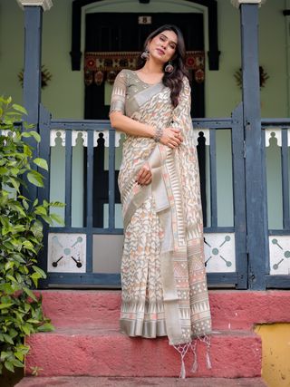 Off White Linen Cotton Printed Saree with Zari