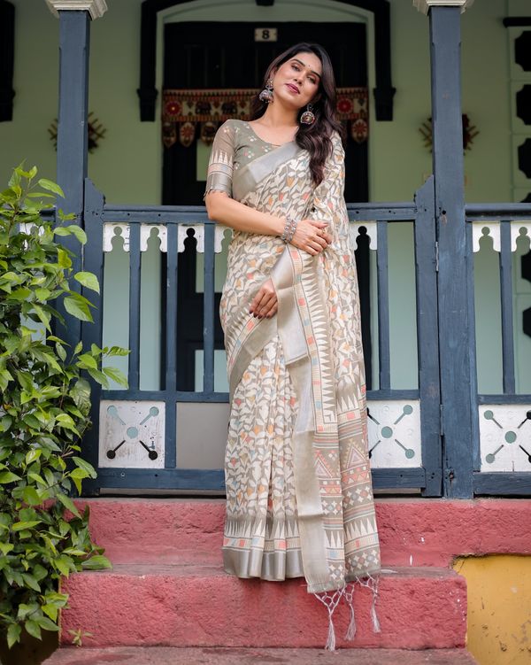 Off White Linen Cotton Printed Saree with Zari