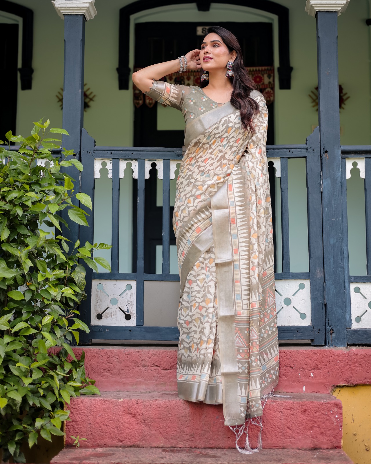Off White Linen Cotton Printed Saree with Zari