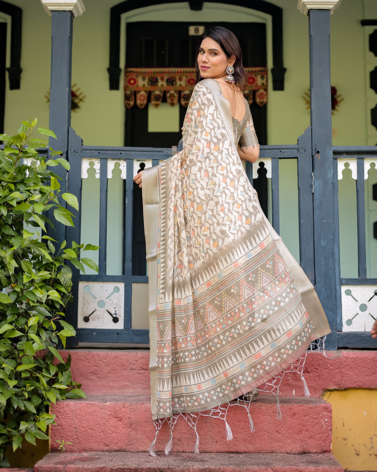 Off White Linen Cotton Printed Saree with Zari