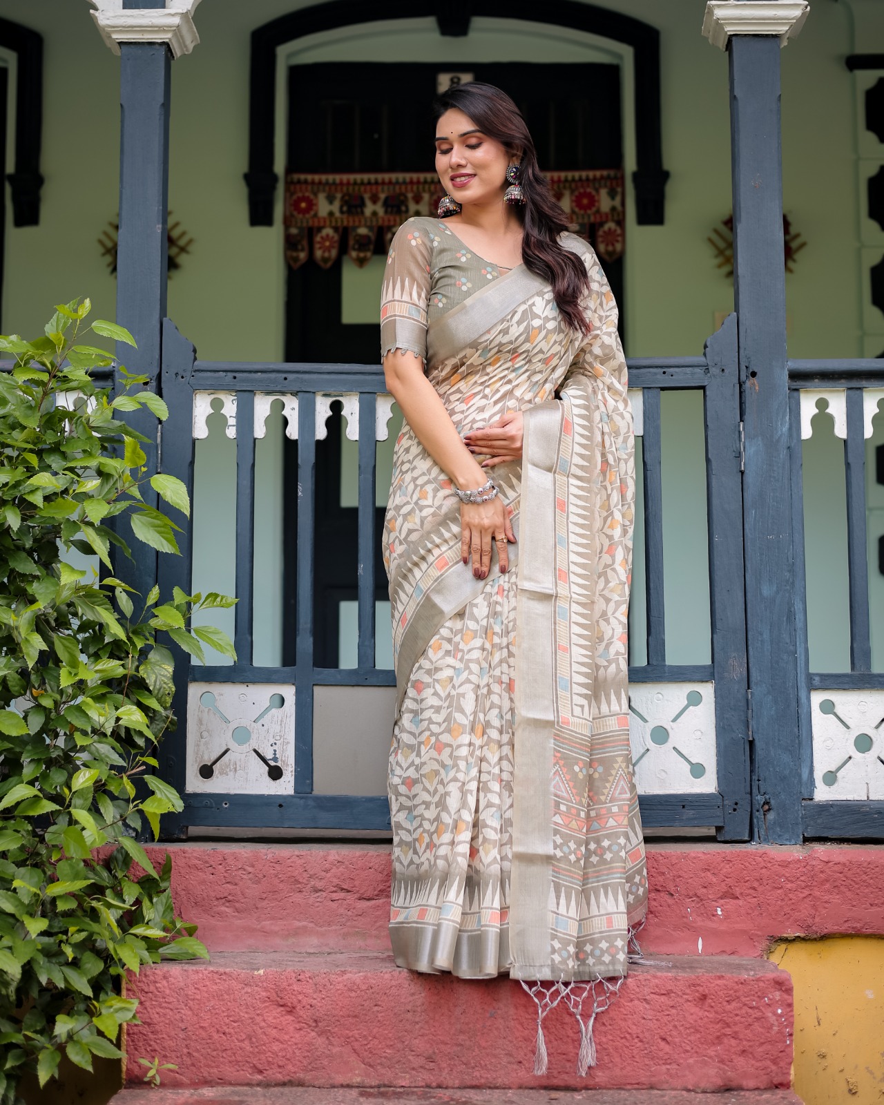 Off White Linen Cotton Printed Saree with Zari