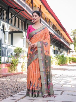Orange Bandhani Kalamkari Linen Cotton Saree