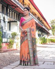 Orange Bandhani Kalamkari Linen Cotton Saree - Orange