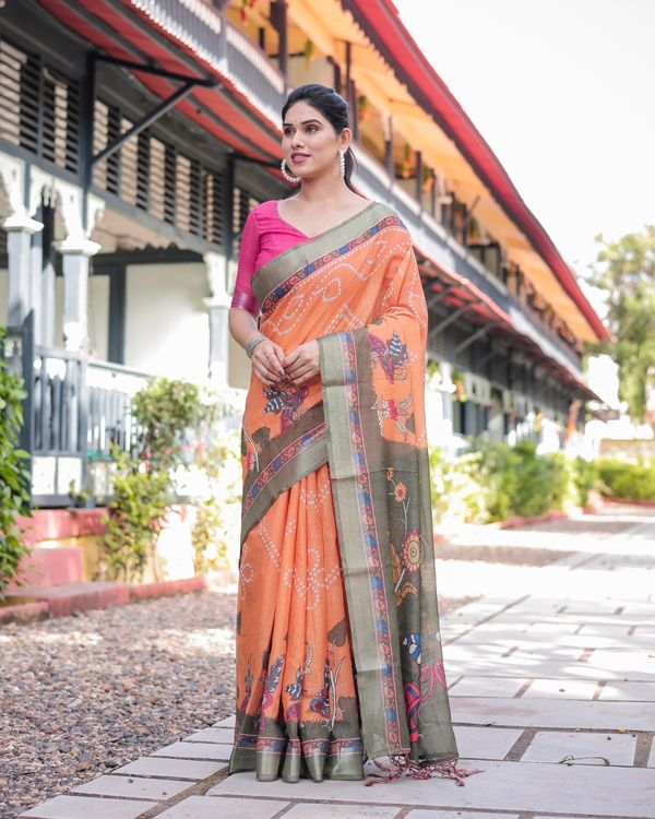 Orange Bandhani Kalamkari Linen Cotton Saree