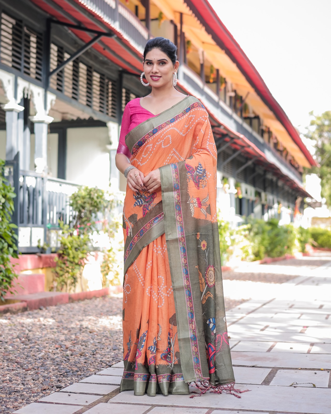 Orange Bandhani Kalamkari Linen Cotton Saree