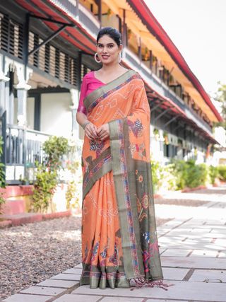 Orange Bandhani Kalamkari Linen Cotton Saree