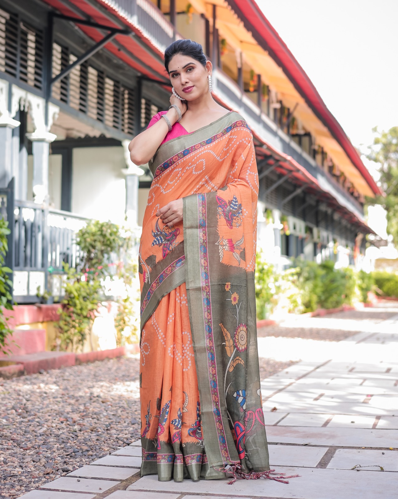 Orange Bandhani Kalamkari Linen Cotton Saree
