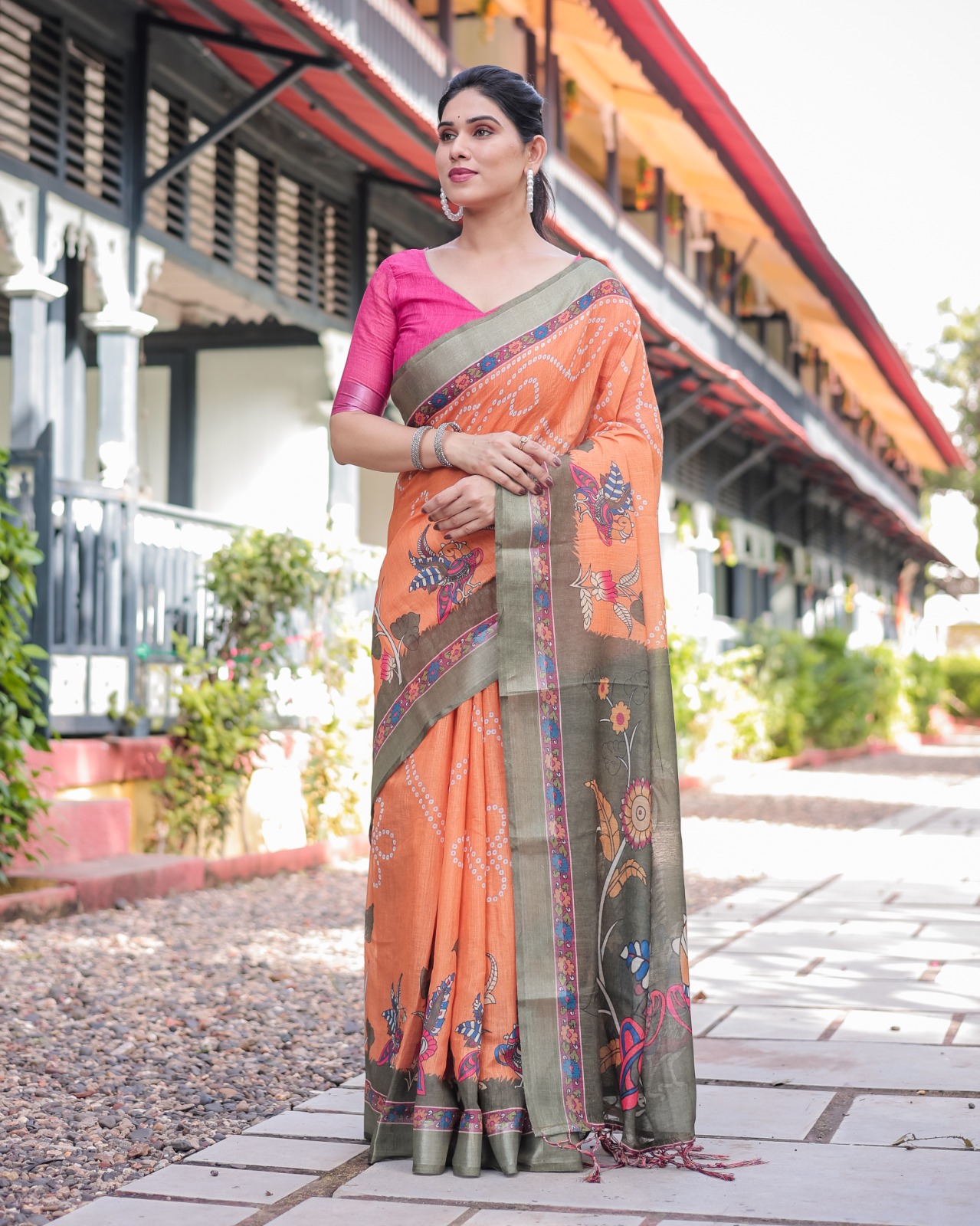 Orange Bandhani Kalamkari Linen Cotton Saree