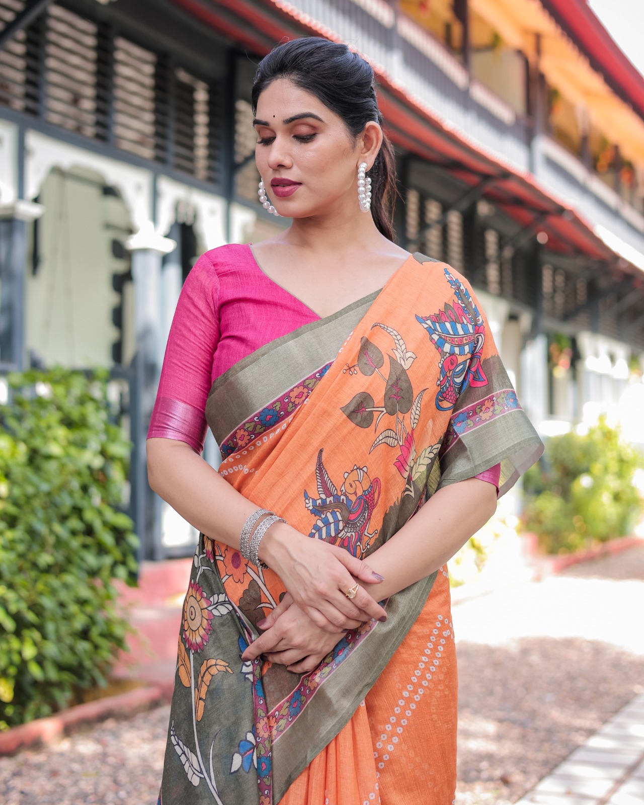 Orange Bandhani Kalamkari Linen Cotton Saree