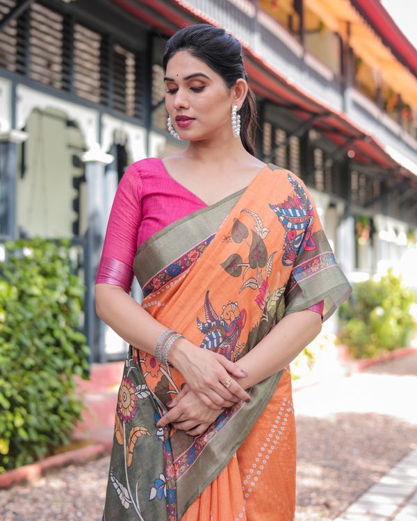 Orange Bandhani Kalamkari Linen Cotton Saree
