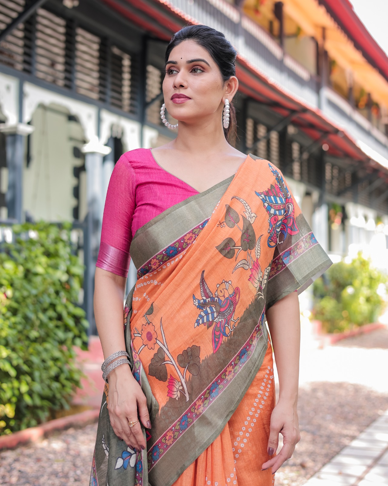 Orange Bandhani Kalamkari Linen Cotton Saree