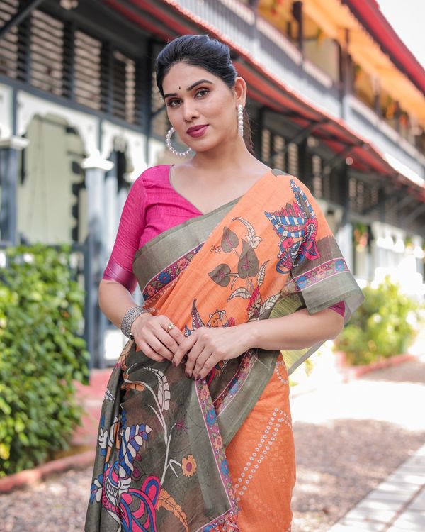 Orange Bandhani Kalamkari Linen Cotton Saree
