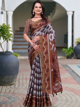Brown Printed Mal Cotton Saree with Designer Pallu