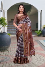Brown Printed Mal Cotton Saree with Designer Pallu - Brown