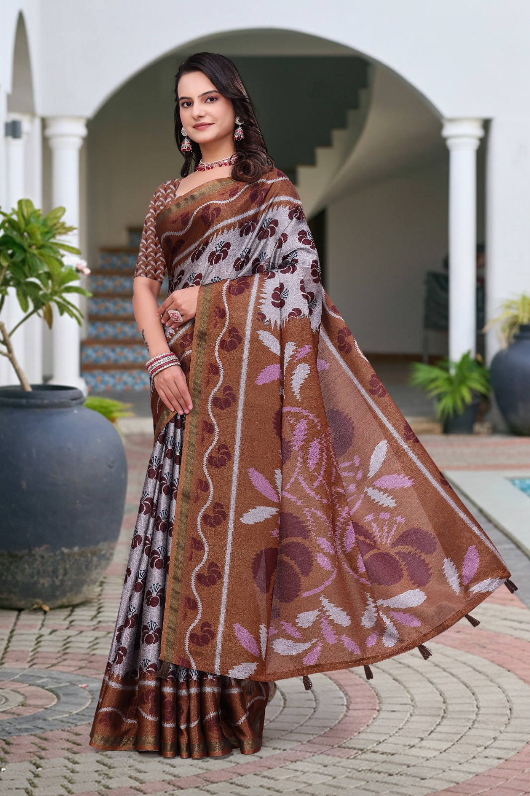 Brown Printed Mal Cotton Saree with Designer Pallu