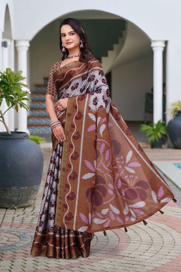 Brown Printed Mal Cotton Saree with Designer Pallu