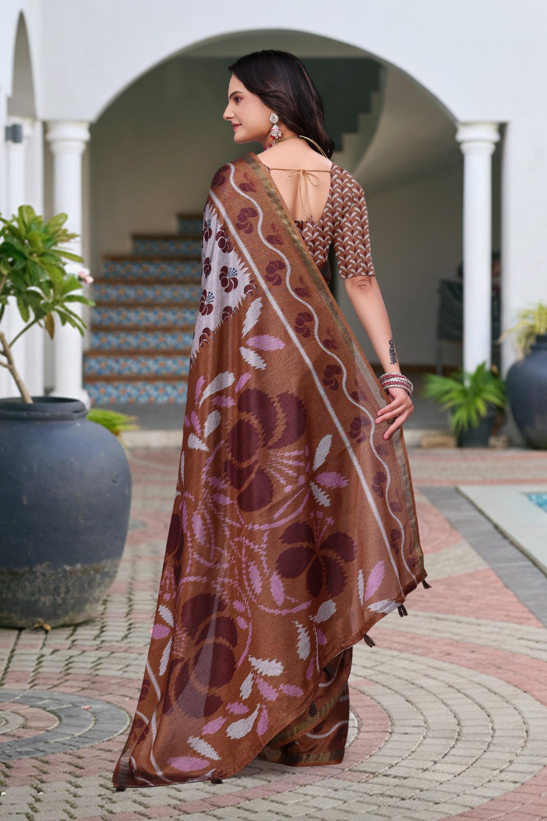 Brown Printed Mal Cotton Saree with Designer Pallu