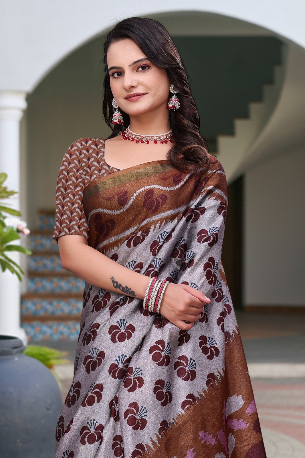 Brown Printed Mal Cotton Saree with Designer Pallu