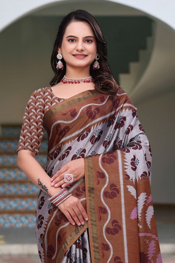 Brown Printed Mal Cotton Saree with Designer Pallu