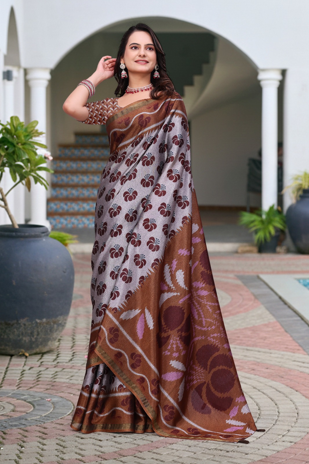 Brown Printed Mal Cotton Saree with Designer Pallu