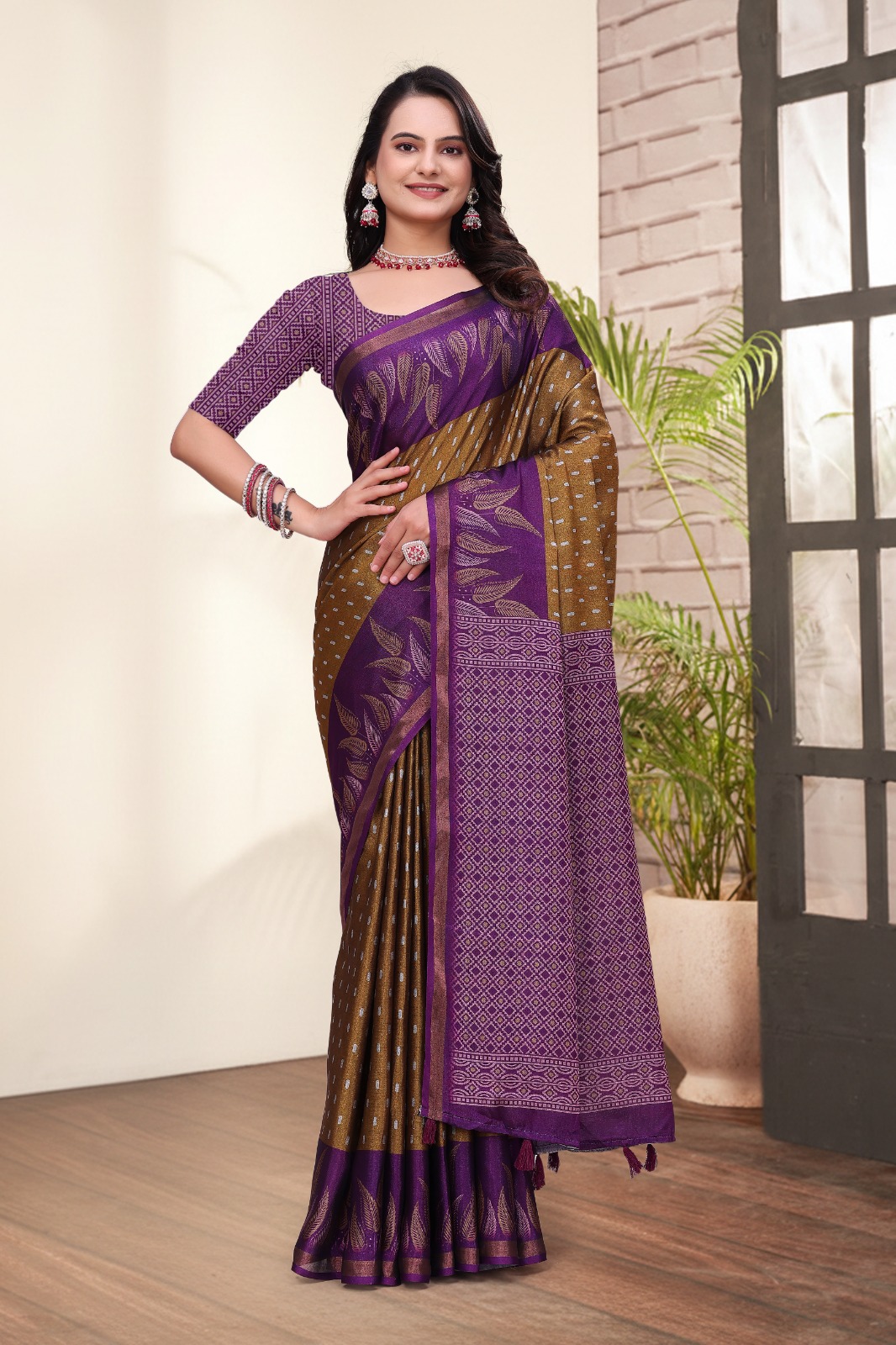 Purple Brown Printed Mal Cotton Saree with Zari