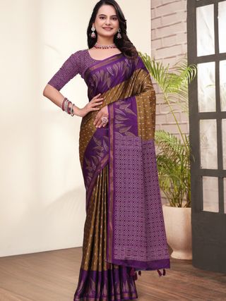 Purple Brown Printed Mal Cotton Saree with Zari