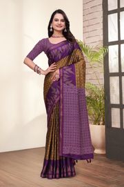 Purple Brown Printed Mal Cotton Saree with Zari - Purple