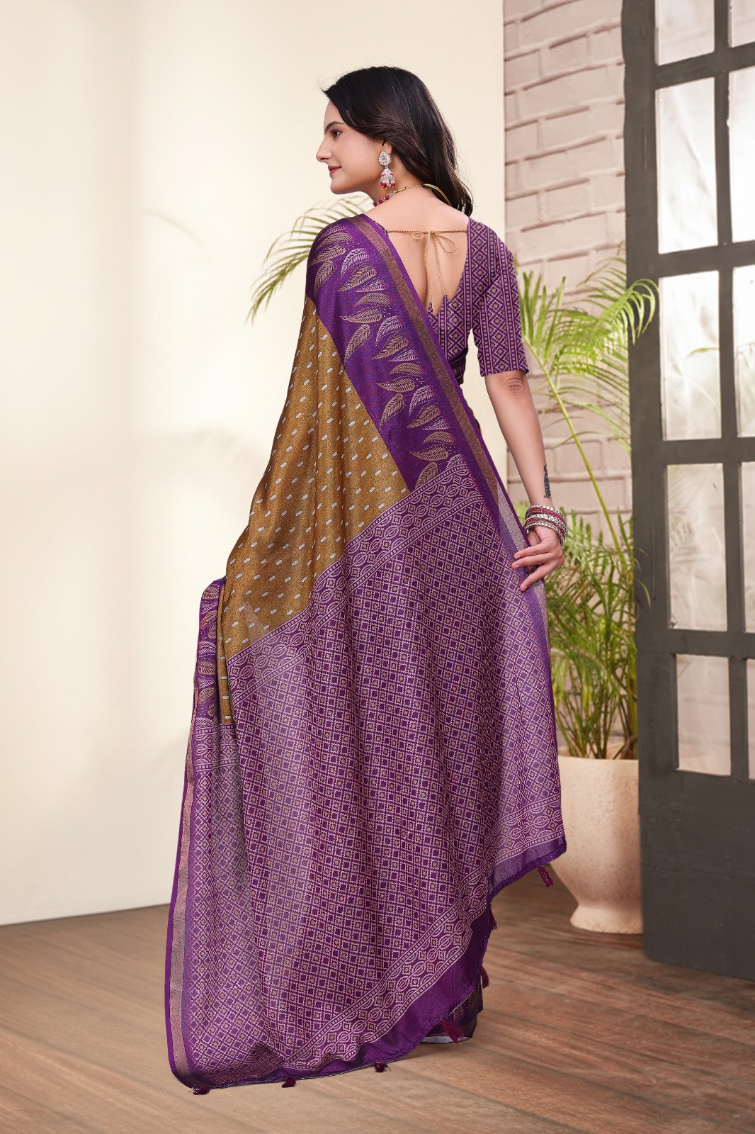Purple Brown Printed Mal Cotton Saree with Zari