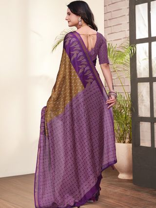 Purple Brown Printed Mal Cotton Saree with Zari