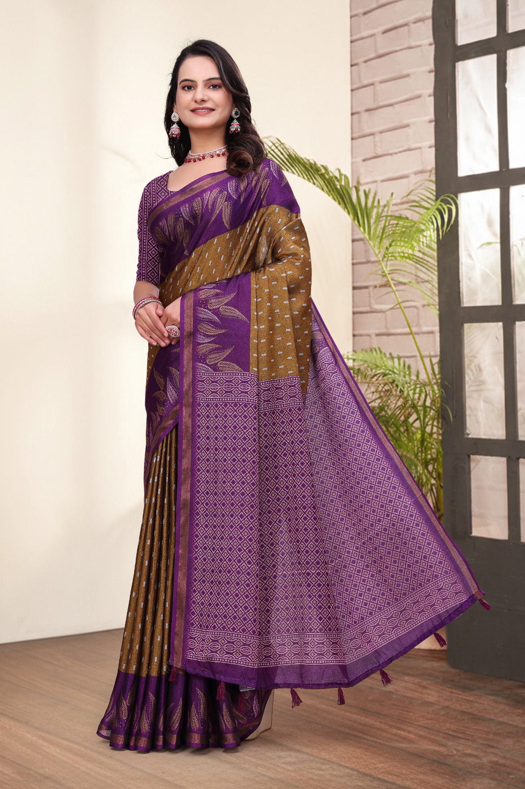 Purple Brown Printed Mal Cotton Saree with Zari