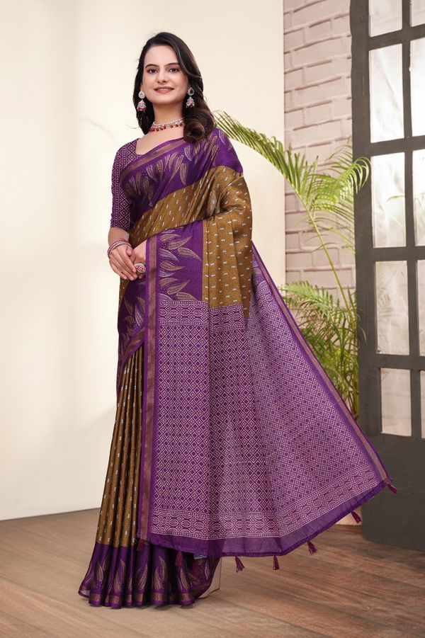 Purple Brown Printed Mal Cotton Saree with Zari