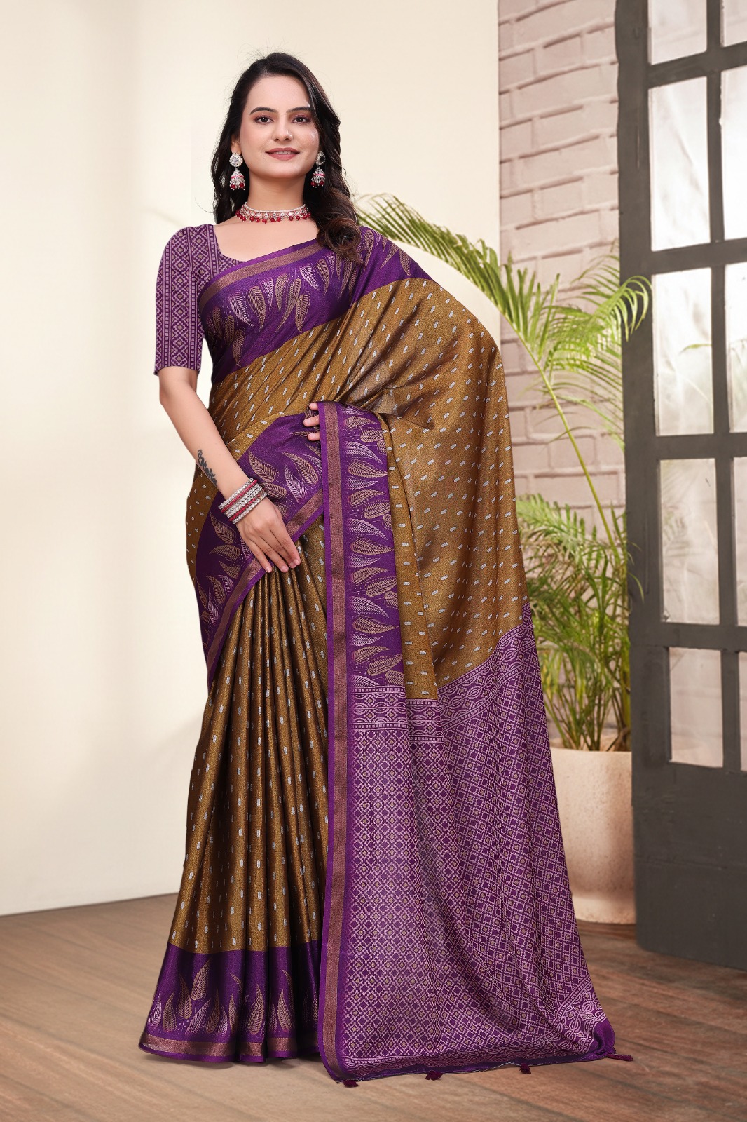 Purple Brown Printed Mal Cotton Saree with Zari