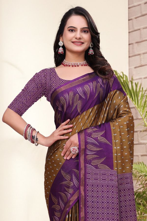 Purple Brown Printed Mal Cotton Saree with Zari