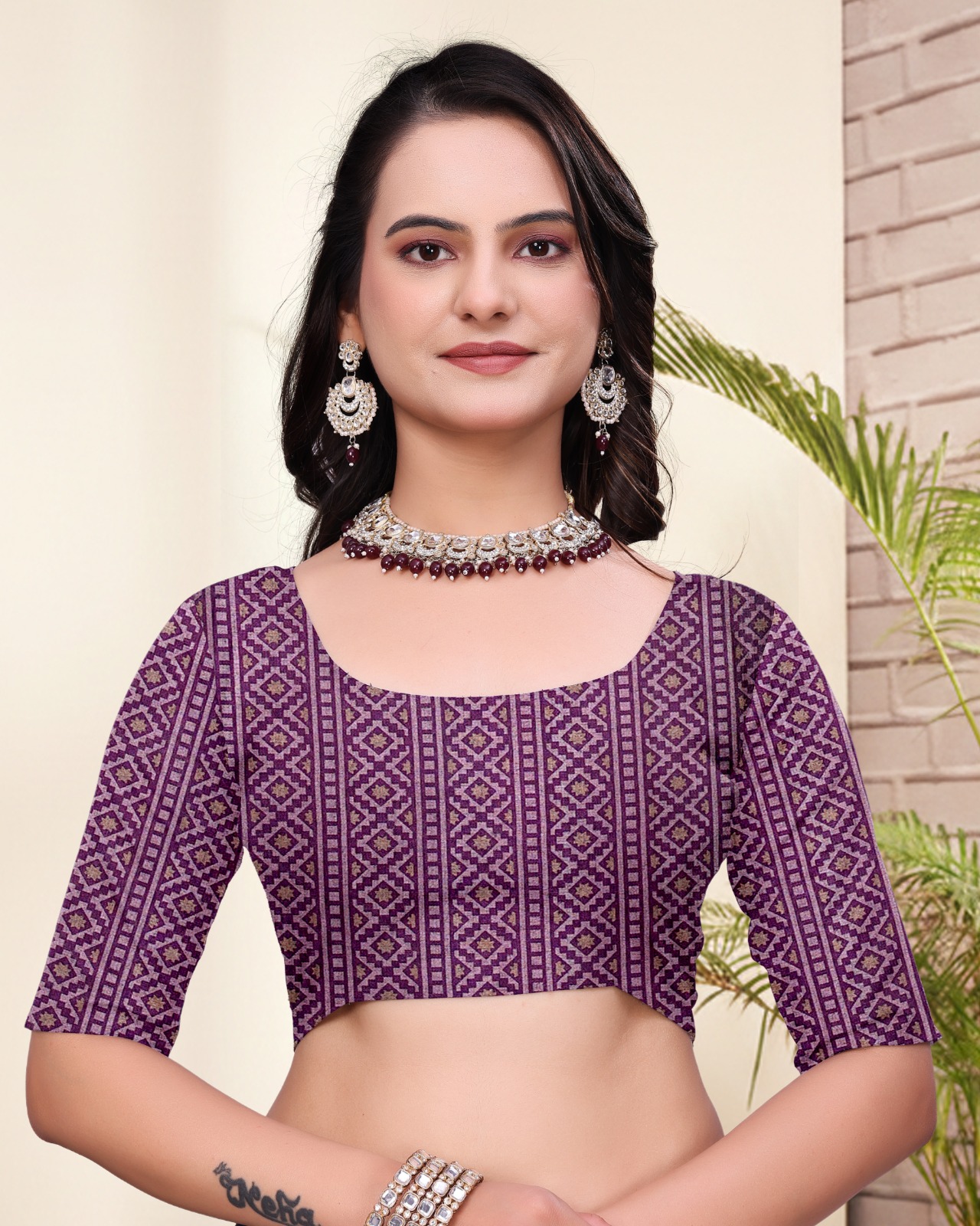 Purple Brown Printed Mal Cotton Saree with Zari