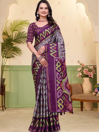 Purple Ikat Print Mal Cotton Saree with Designer Border