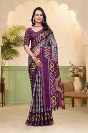 Purple Ikat Print Mal Cotton Saree with Designer Border - Purple