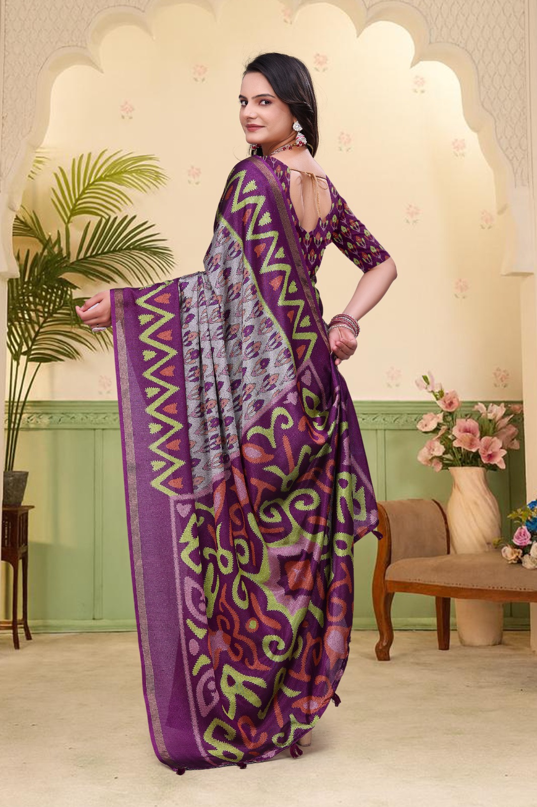 Purple Ikat Print Mal Cotton Saree with Designer Border