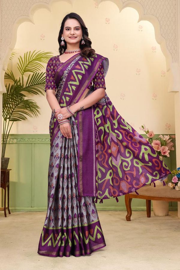 Purple Ikat Print Mal Cotton Saree with Designer Border