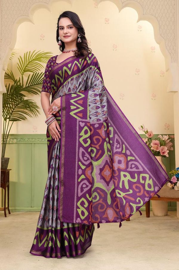 Purple Ikat Print Mal Cotton Saree with Designer Border