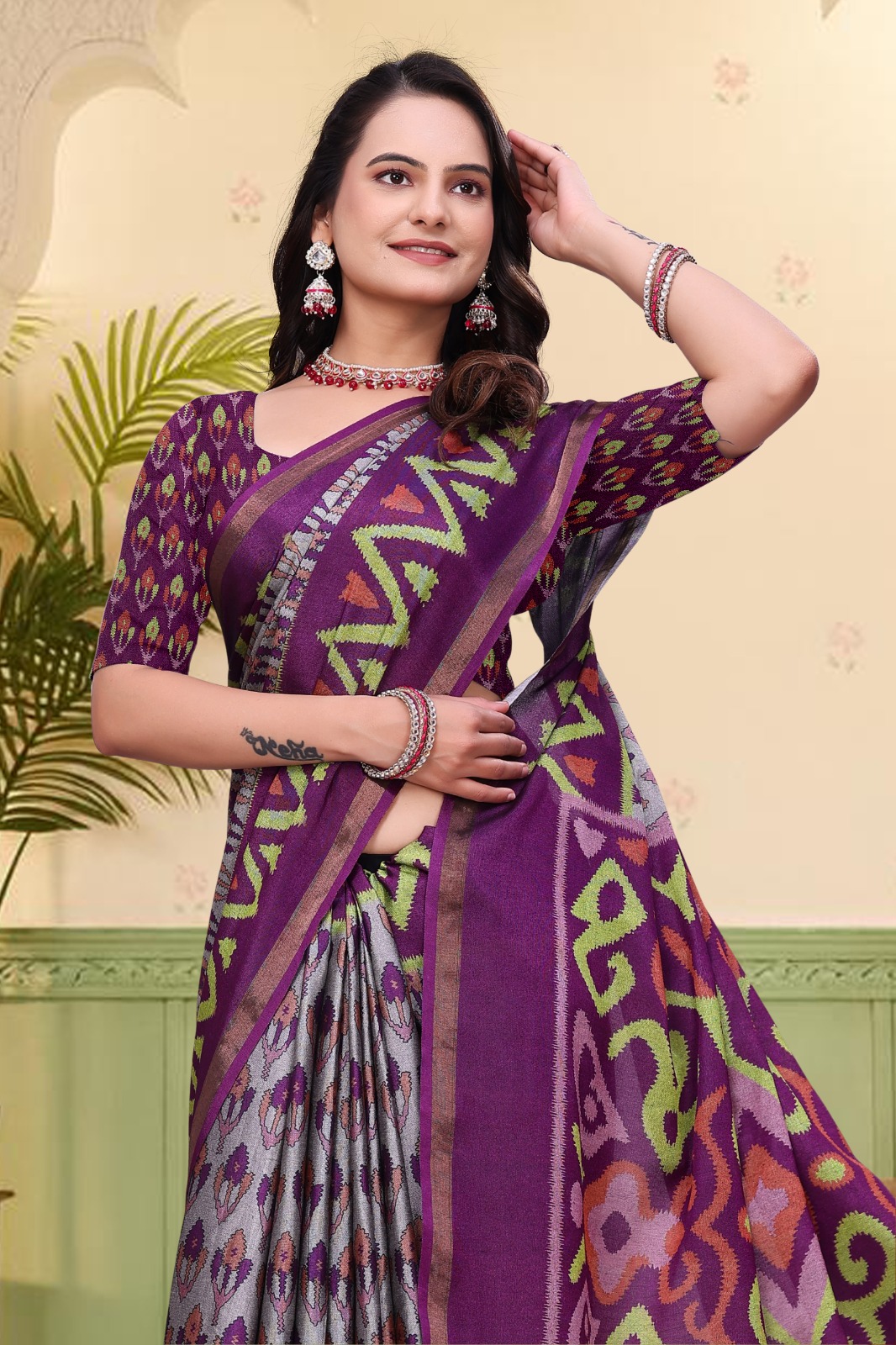 Purple Ikat Print Mal Cotton Saree with Designer Border