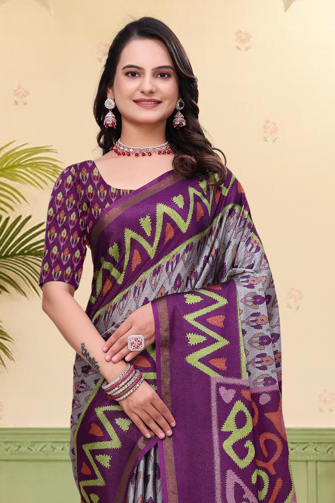Purple Ikat Print Mal Cotton Saree with Designer Border