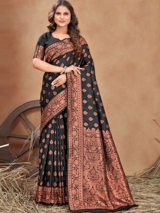 Black Copper Zari Banarasi Soft Silk Saree Online