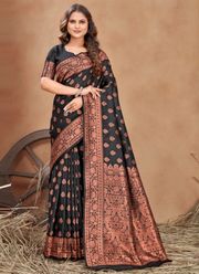 Black Copper Zari Banarasi Soft Silk Saree Online - Black